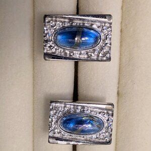 Vintage Shields Cufflinks  Cool Hammered Silver Tone With Blue Shimmering Oval